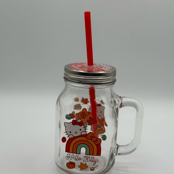 Hello Kitty - Fall Mason Jar with Handle, Lid & Straw Glass 21 oz NEW Sanrio - Picture 2 of 4